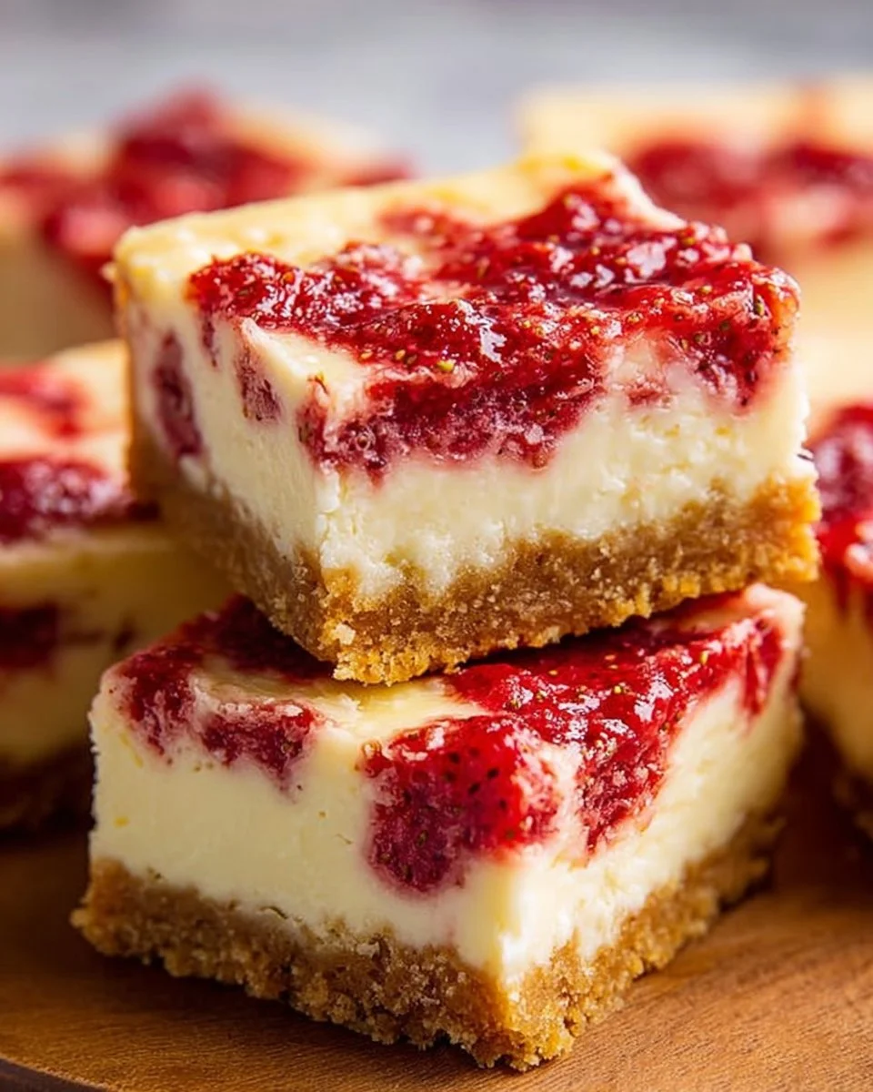 Soft strawberry cheesecake bars garnished with fresh strawberries on a white plate