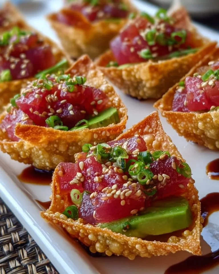 Spicy tuna tartare served in wonton taco shells garnished with fresh herbs.