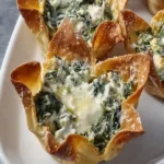 Spinach and artichoke wonton cups served on a platter, garnished with fresh herbs.