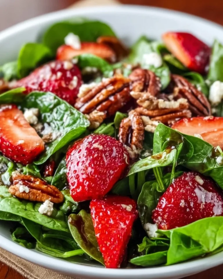 Fresh Spinach Strawberry Salad with Pecans served in a bowl