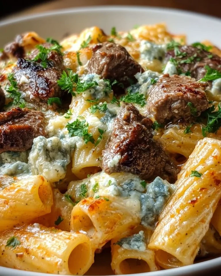 Steak Rigatoni Bake topped with blue cheese, served in a baking dish.