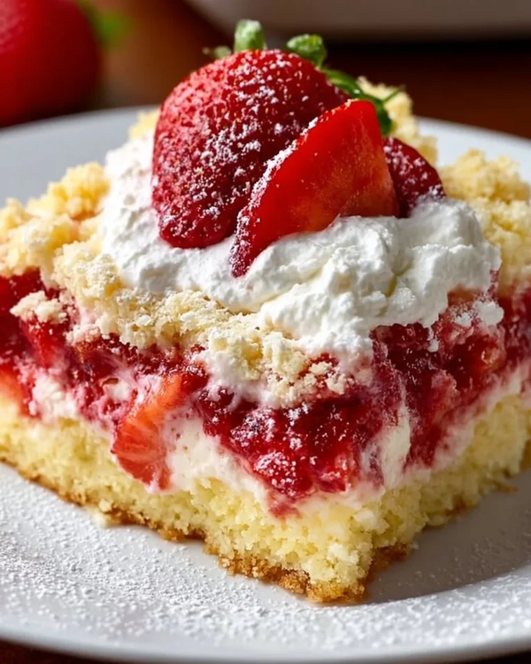 Delicious strawberry cheesecake dump cake topped with fresh strawberries.