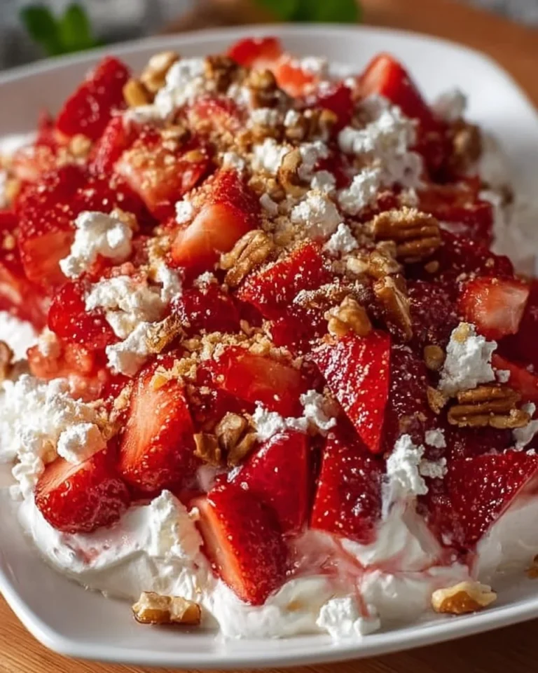 Freshly made Strawberry Crack Salad with strawberries, whipped cream, and nuts