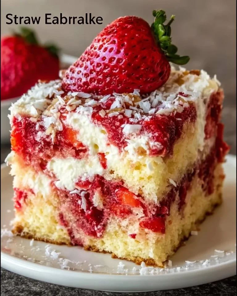 A slice of Strawberry Earthquake Cake with fresh strawberries and creamy topping