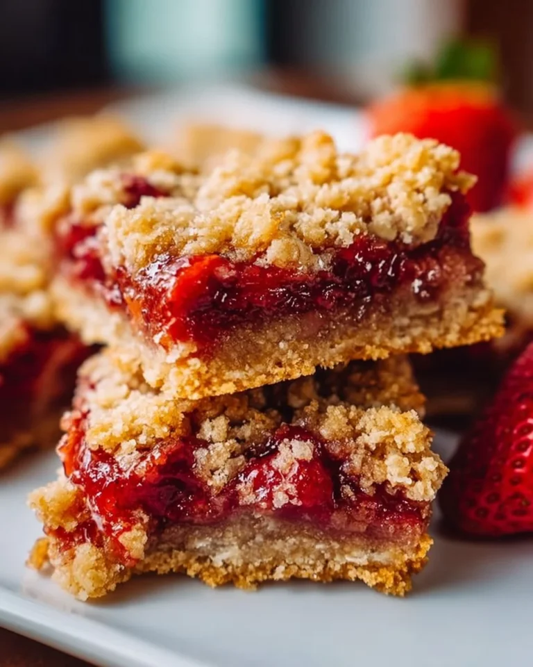 Homemade strawberry oat bars stacked on a plate