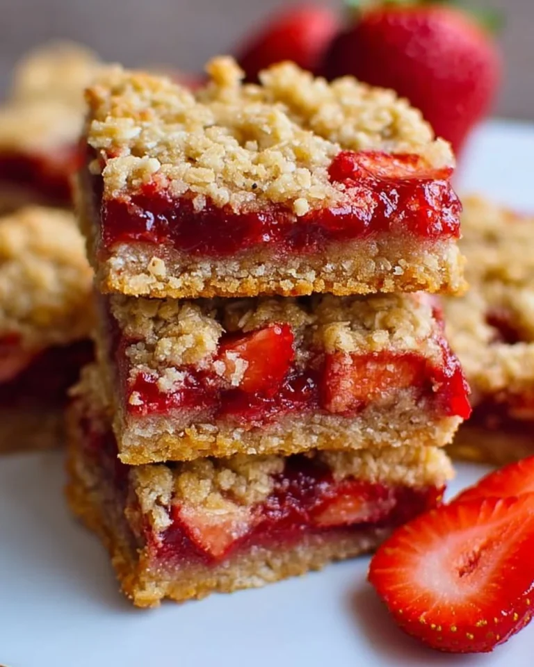 Healthy homemade strawberry oat bars with fresh strawberries and oats.