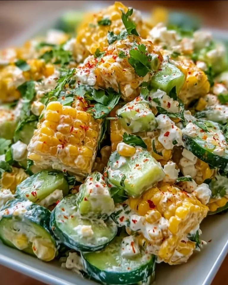 Delicious Street Corn Salad with creamy cucumbers and fresh ingredients