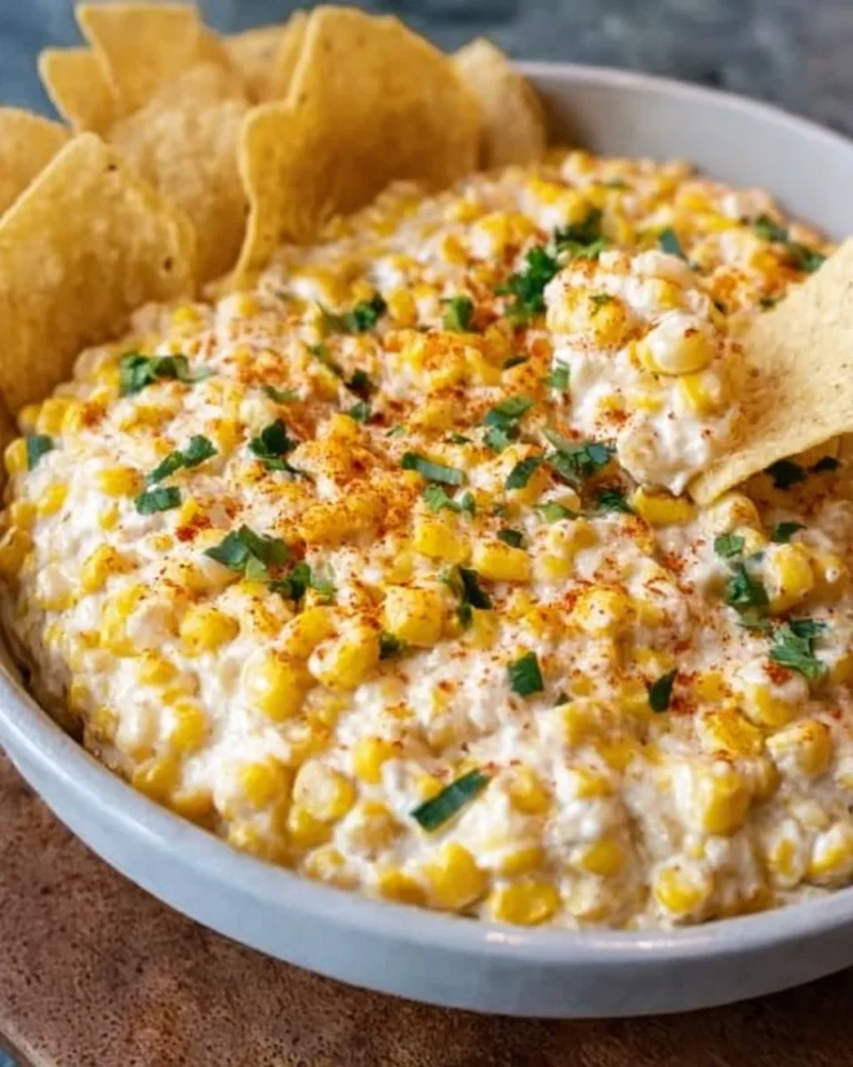 Delicious street corn dip served in a bowl with tortilla chips