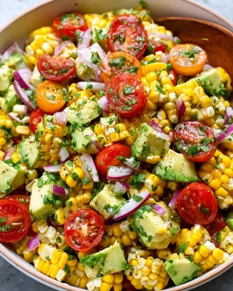 Delicious summer corn salad with avocado and vibrant vegetables