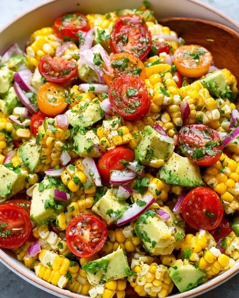 Delicious summer corn salad with avocado and vibrant vegetables