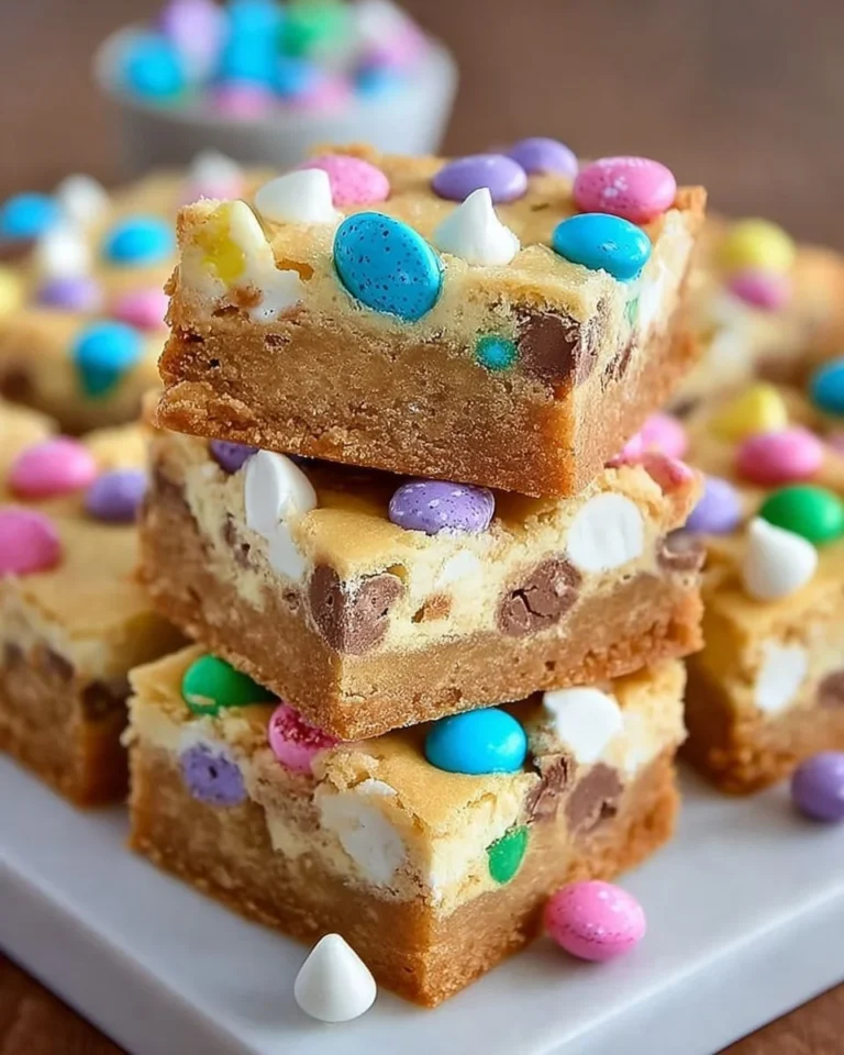 Super soft loaded Easter Egg Bars with colorful toppings and Easter theme.