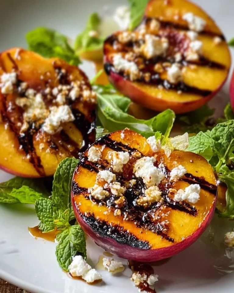 Sweet grilled peaches served with goat cheese and garnished with herbs.