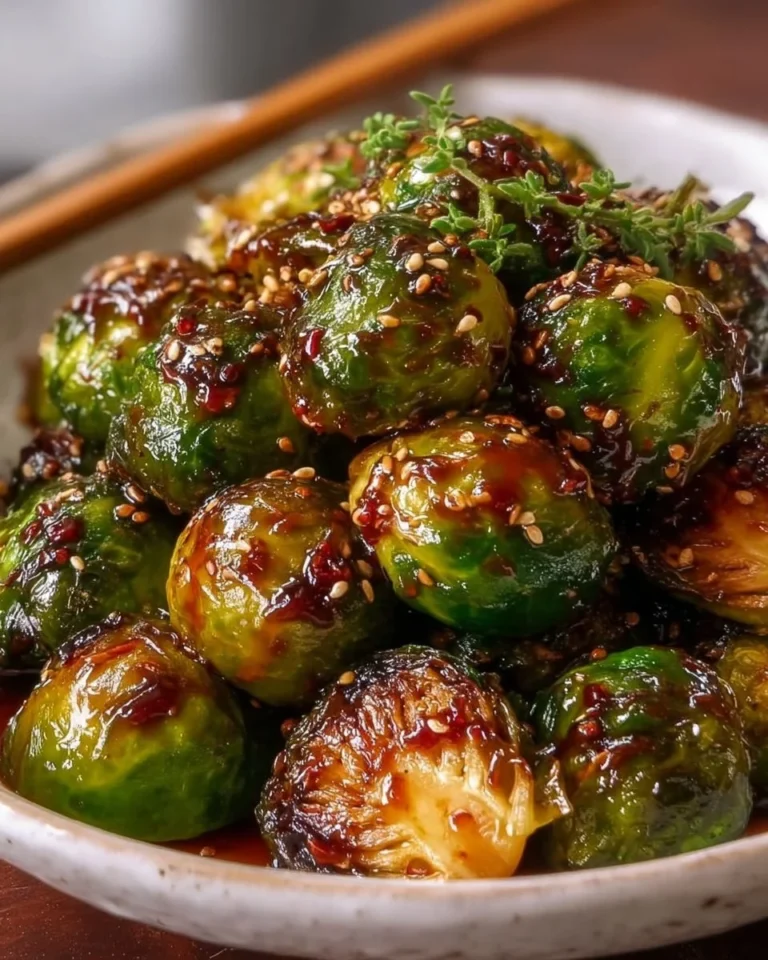 Bowl of teriyaki glazed Brussels sprouts garnished with sesame seeds