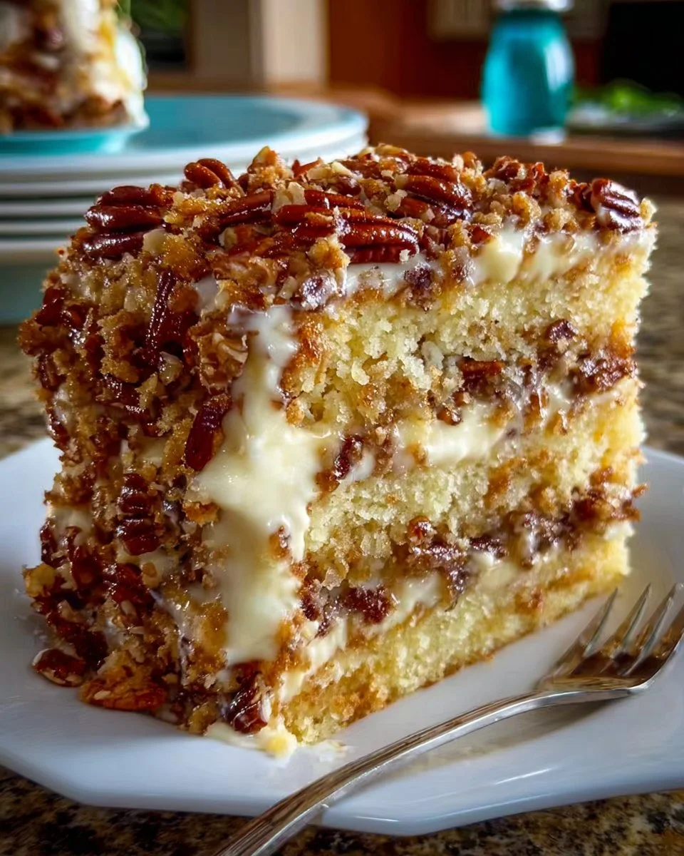 Delicious Texas Tornado Cake topped with cream and nuts for a delightful dessert.