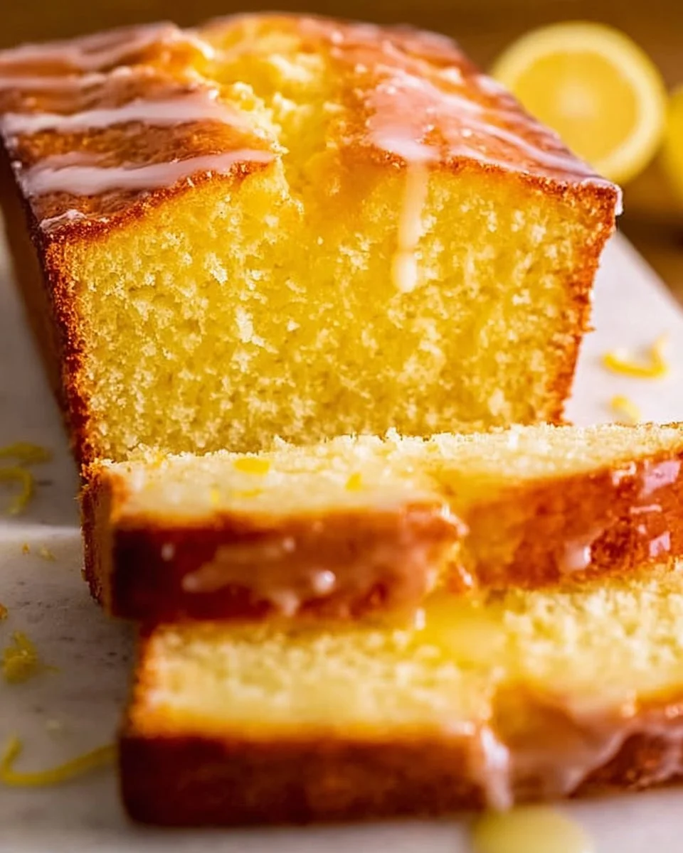 Slice of the best lemon loaf with a glaze on a wooden cutting board