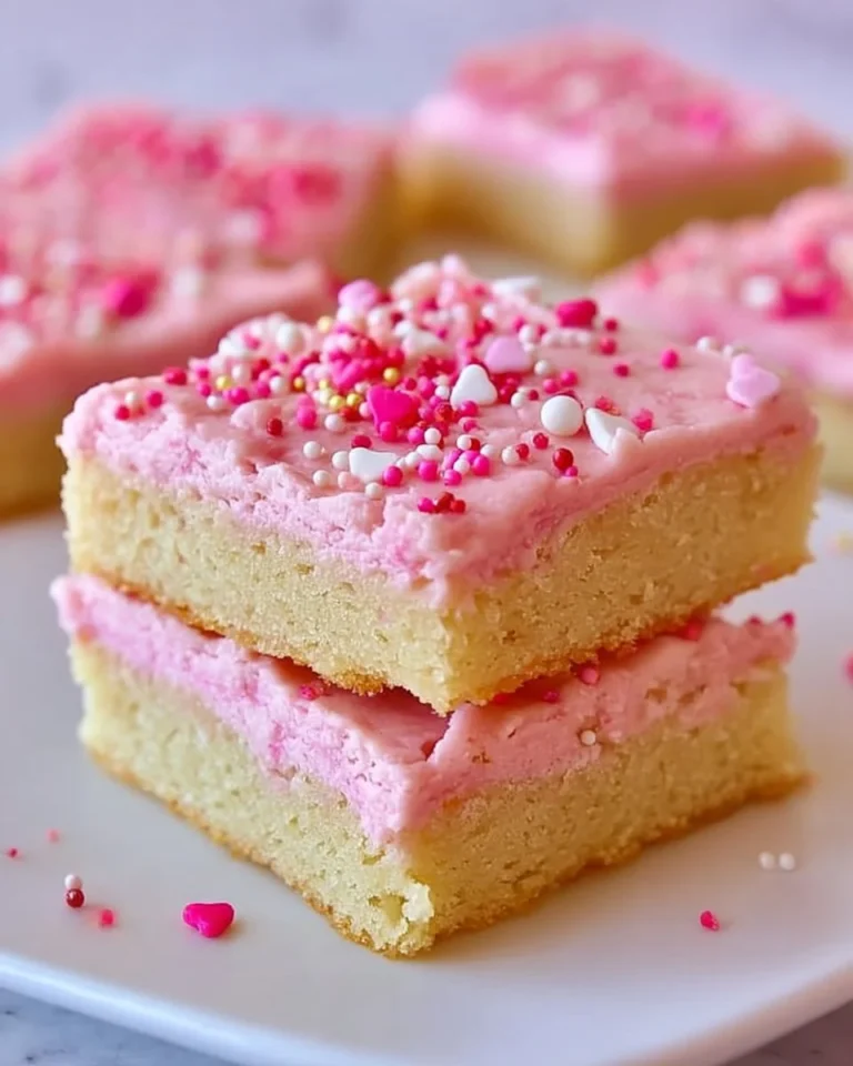 Valentine’s Day frosted sugar cookie bars topped with pink icing and sprinkles