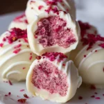 White chocolate raspberry cheesecake balls dessert on a plate