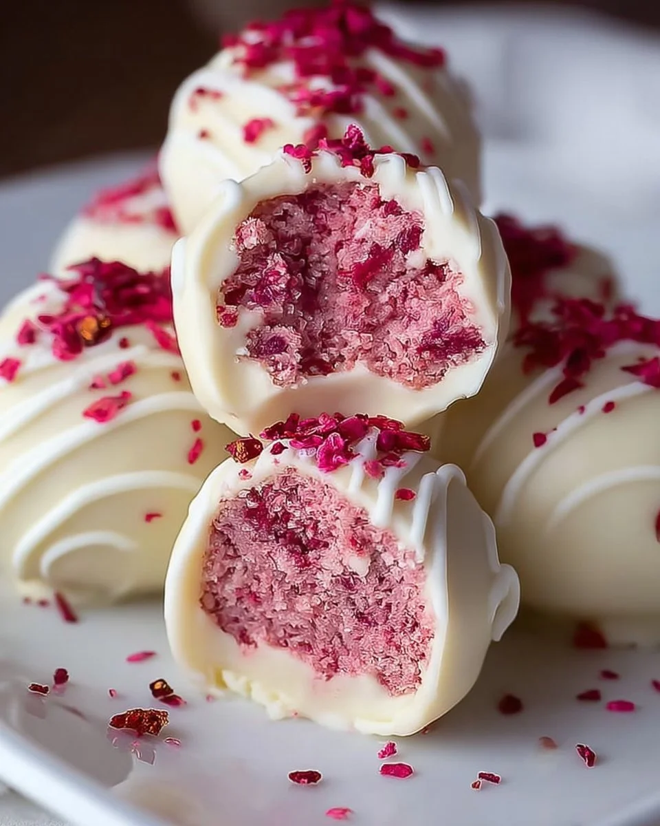 White chocolate raspberry cheesecake balls dessert on a plate