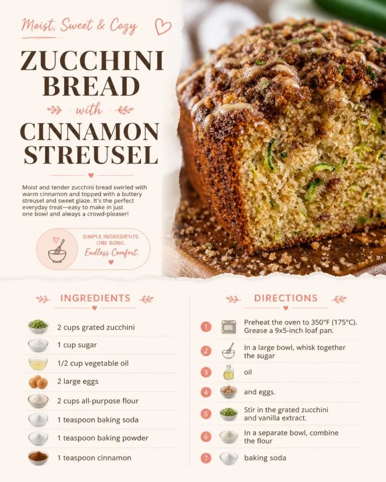 Delicious zucchini bread with cinnamon streusel topping on a wooden table.
