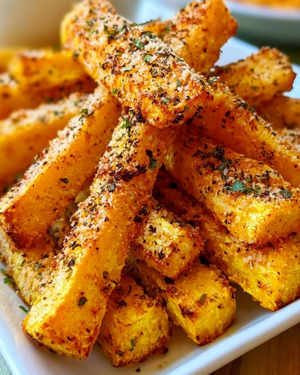 Crispy air fryer yellow squash fries served on a plate