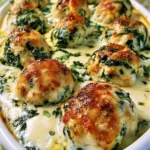 Baked chicken ricotta meatballs served with spinach alfredo sauce.