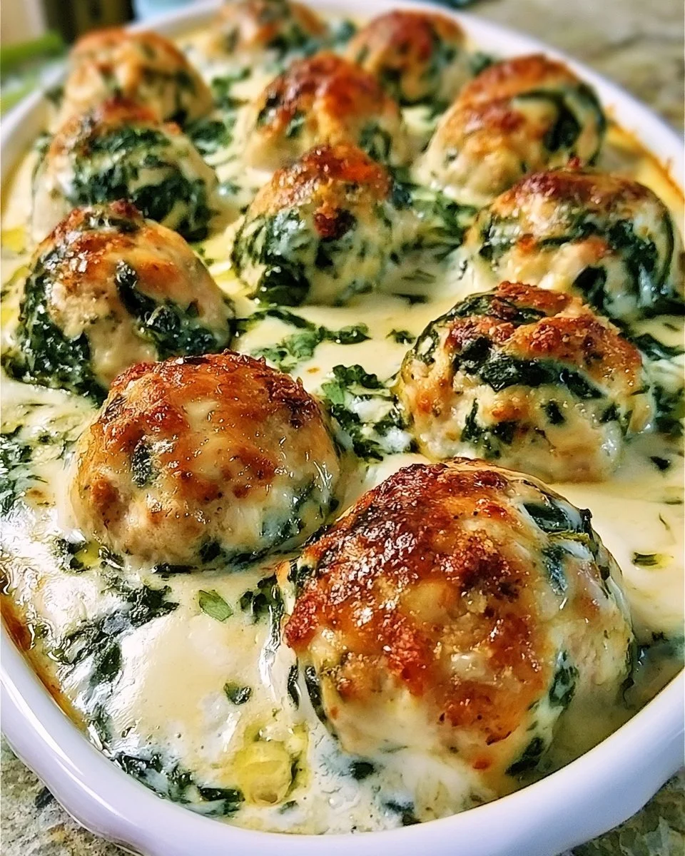 Baked chicken ricotta meatballs served with spinach alfredo sauce.