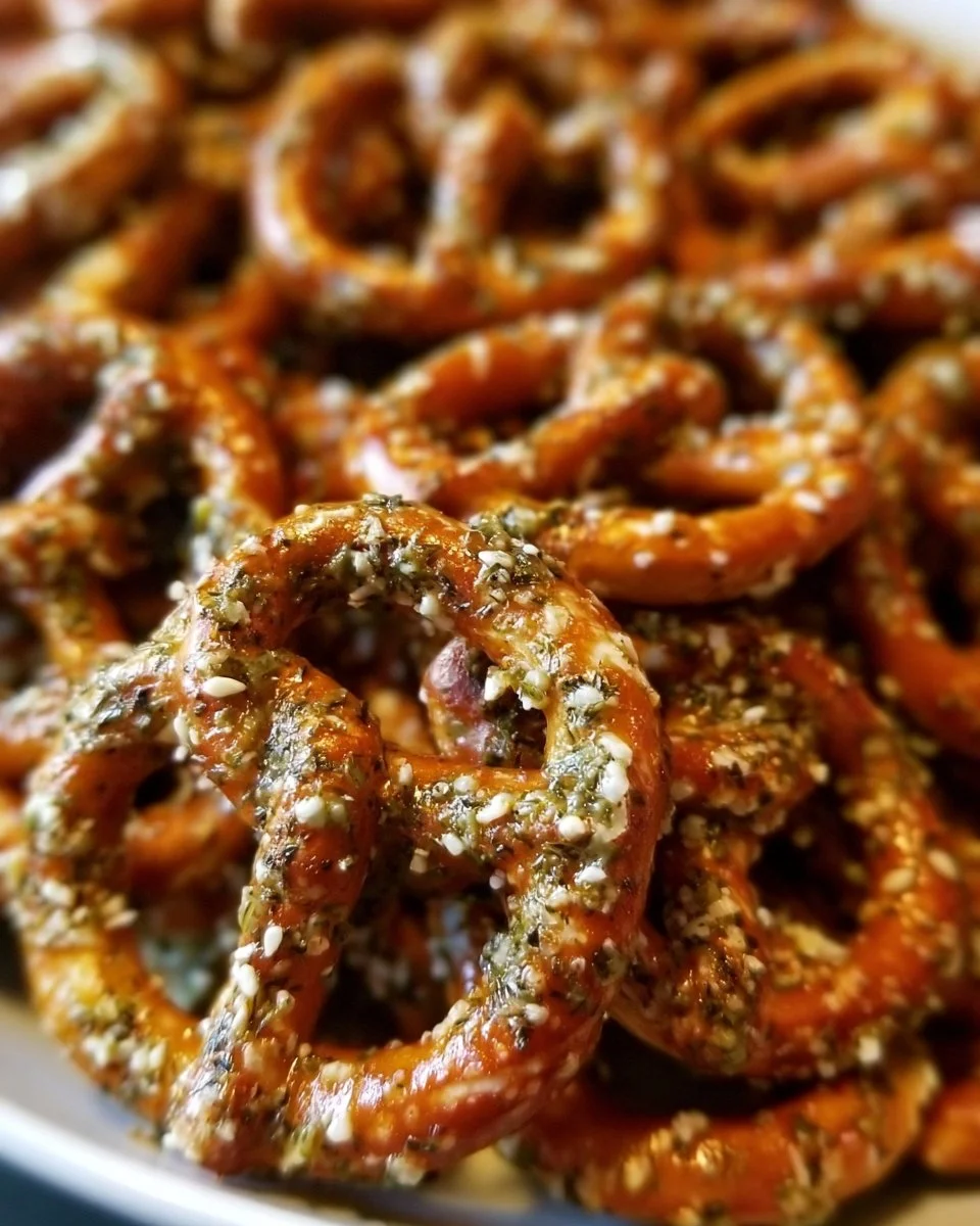 Baked dill pickle pretzels served on a plate with dipping sauce.