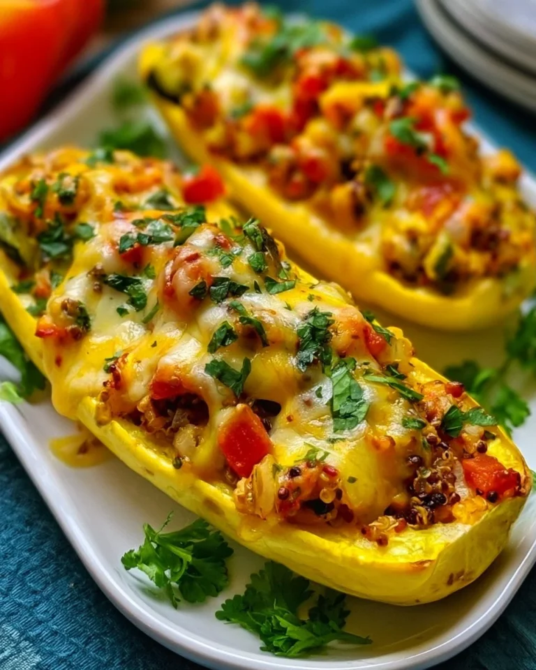 Baked stuffed yellow squash boats filled with vegetables and cheese