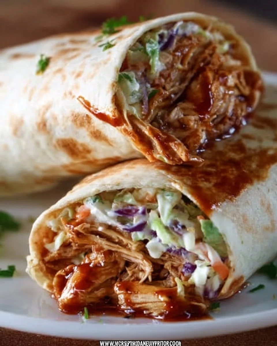 BBQ chicken coleslaw wraps served on a plate with fresh ingredients