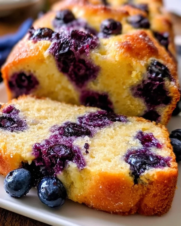 Loaf of best blueberry bread with fresh blueberries on top.