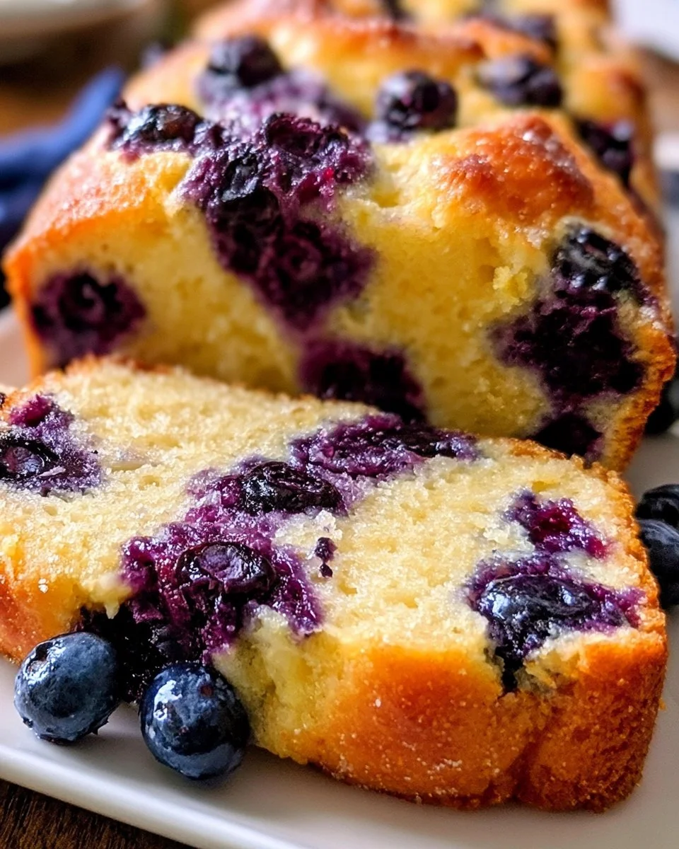Loaf of best blueberry bread with fresh blueberries on top.