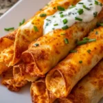 Plate of crispy Buffalo Chicken Taquitos served with dipping sauce