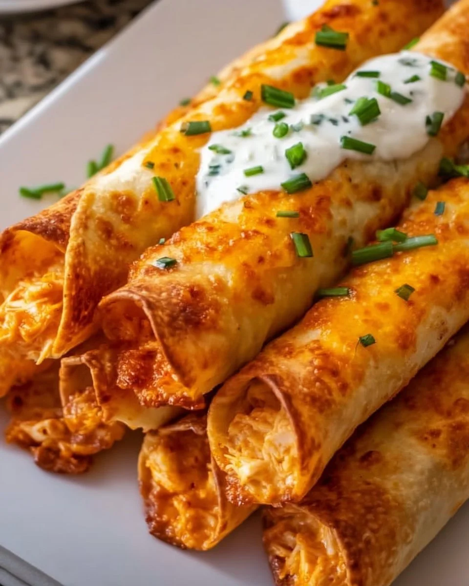 Plate of crispy Buffalo Chicken Taquitos served with dipping sauce