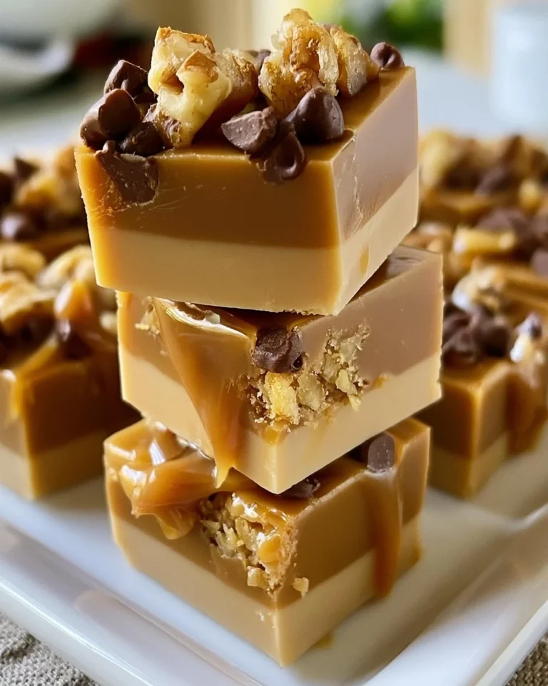 Delicious caramel coffee fudge squares on a plate.