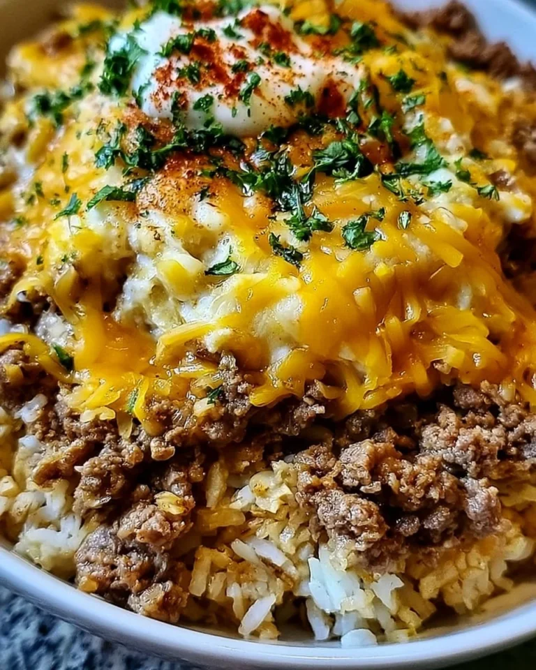 Delicious Cheesy Beef Garlic Rice Bowl topped with herbs and cheese
