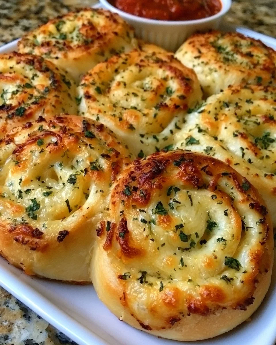 Delicious cheesy garlic butter rollups served on a platter.