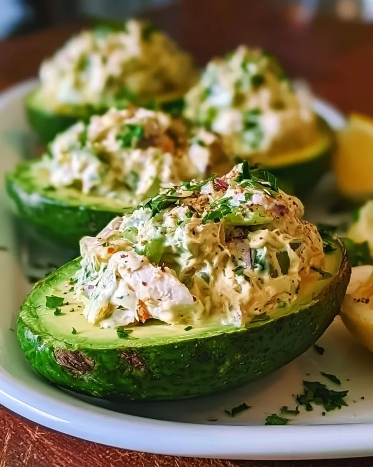 Chicken salad stuffed avocado filled with flavorful, fresh chicken salad