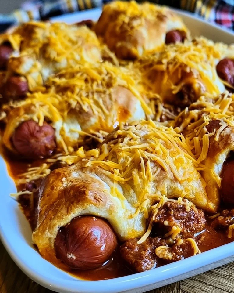 Chili Cheese Dog Bake topped with melted cheese and chili on baked hot dogs.