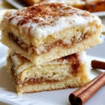 Delicious cinnamon roll dessert bars drizzled with icing on a white plate.
