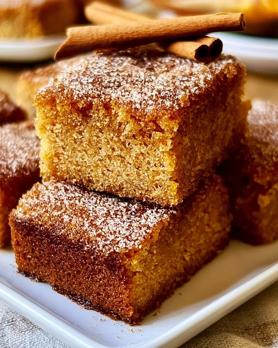 Delicious Cinnamon Sugar Blondies fresh out of the oven, topped with cinnamon sugar.