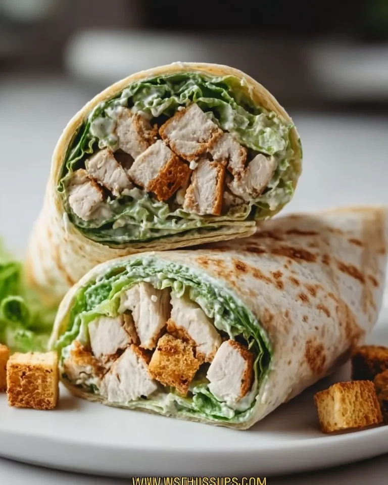 Classic Chicken Caesar Wraps with grilled chicken, romaine lettuce, and creamy dressing.