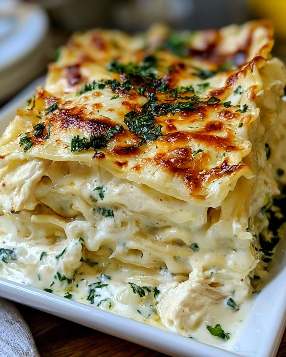 Creamy white chicken lasagna with layers of cheese and chicken