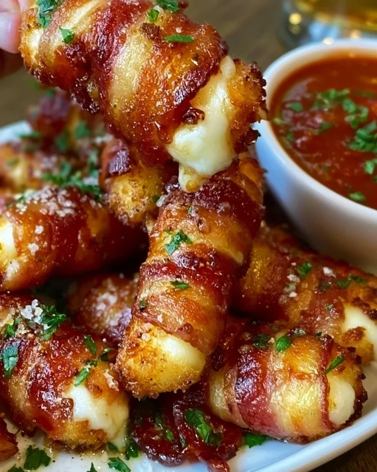 Crispy bacon-wrapped mozzarella sticks served as a tasty appetizer