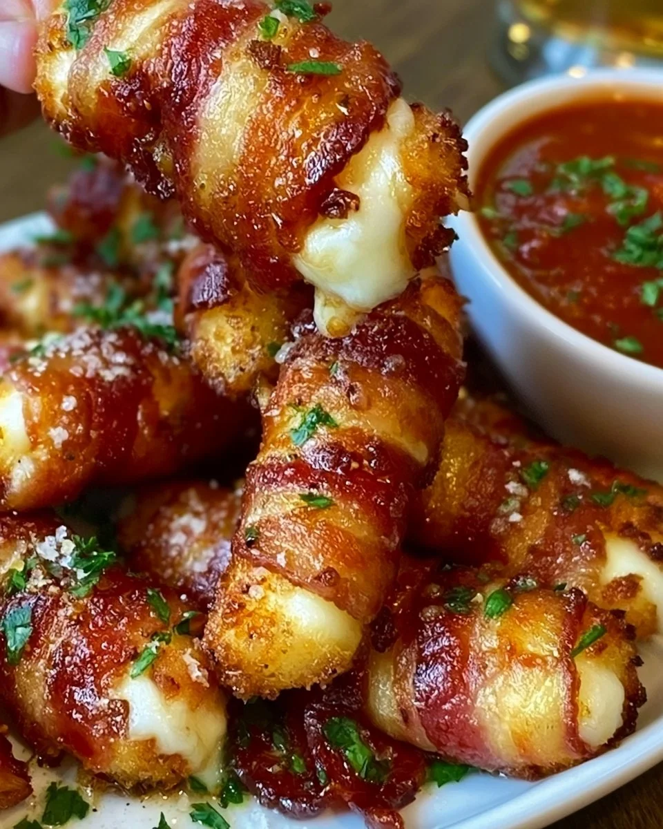 Crispy bacon-wrapped mozzarella sticks served as a tasty appetizer