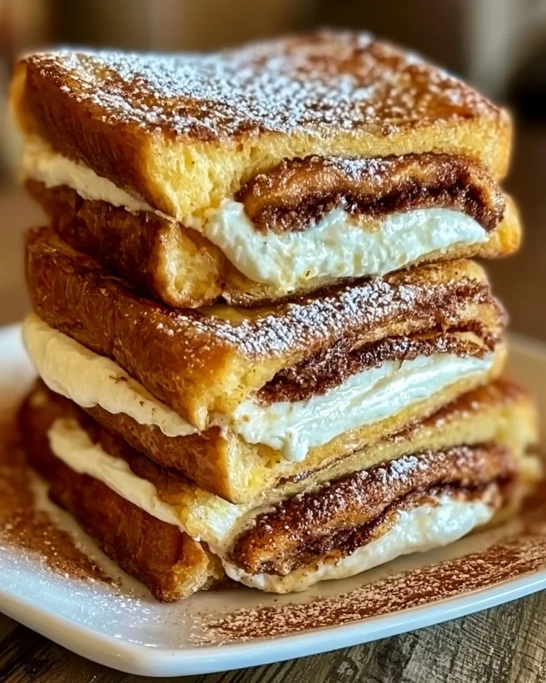 Delicious churro stuffed french toast topped with cinnamon sugar and whipped cream