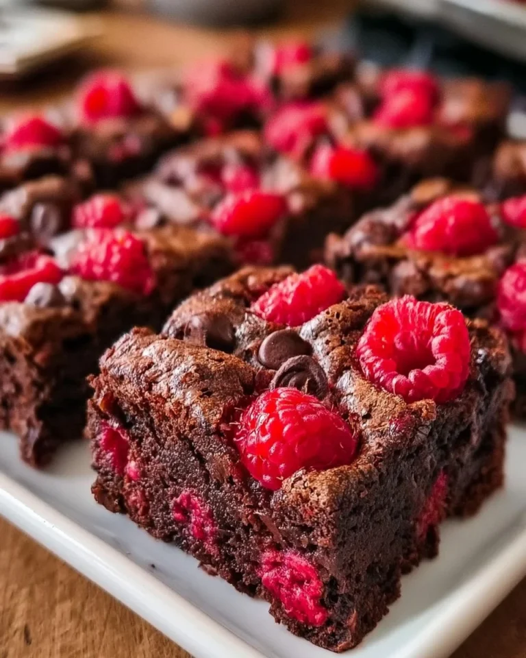 Double chocolate raspberry brownies on a white plate with raspberries.