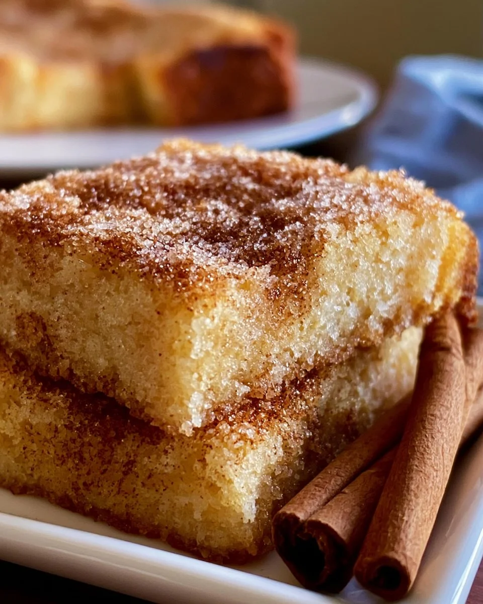 Tray of easy cinnamon sugar blondies with sugary topping