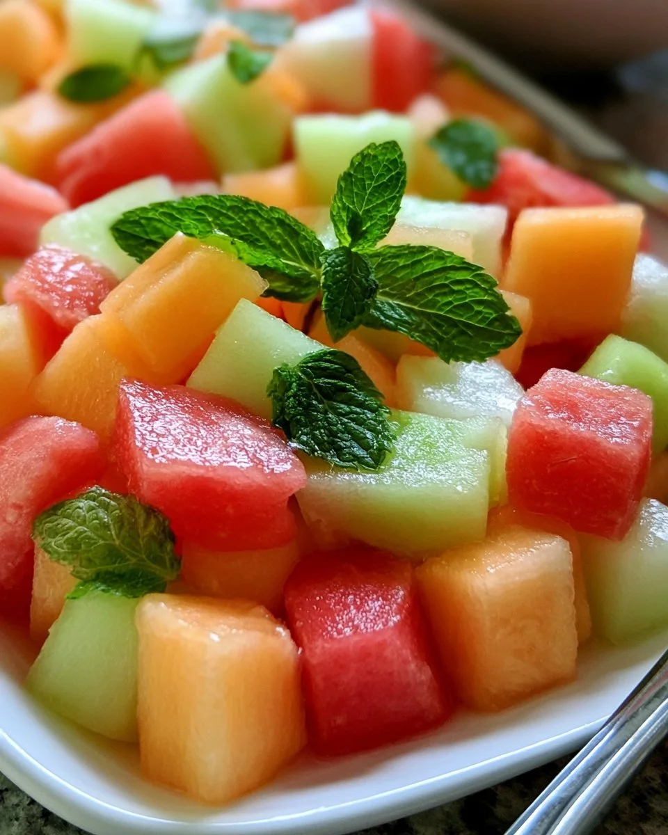 Colorful easy melon fruit salad with fresh melon varieties in a bowl