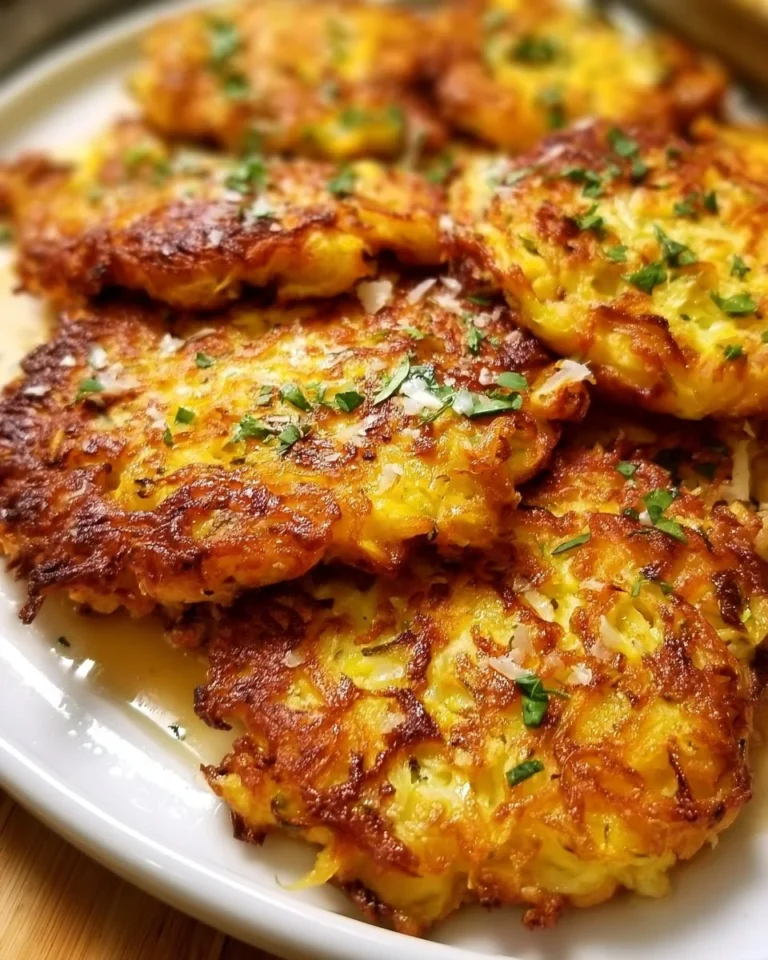 Plate of crispy yellow squash fritters garnished with herbs