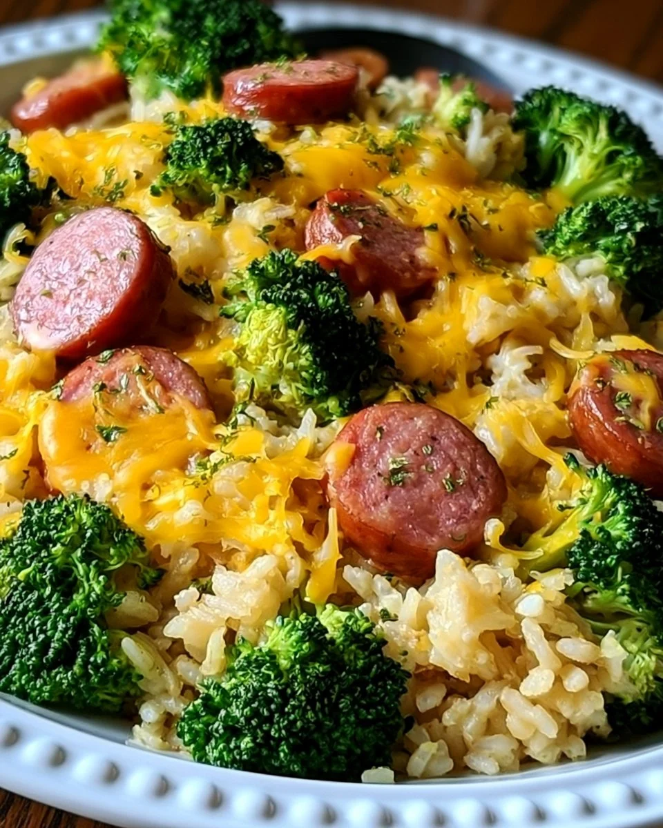 Cheesy kielbasa rice and broccoli skillet dish ready to serve